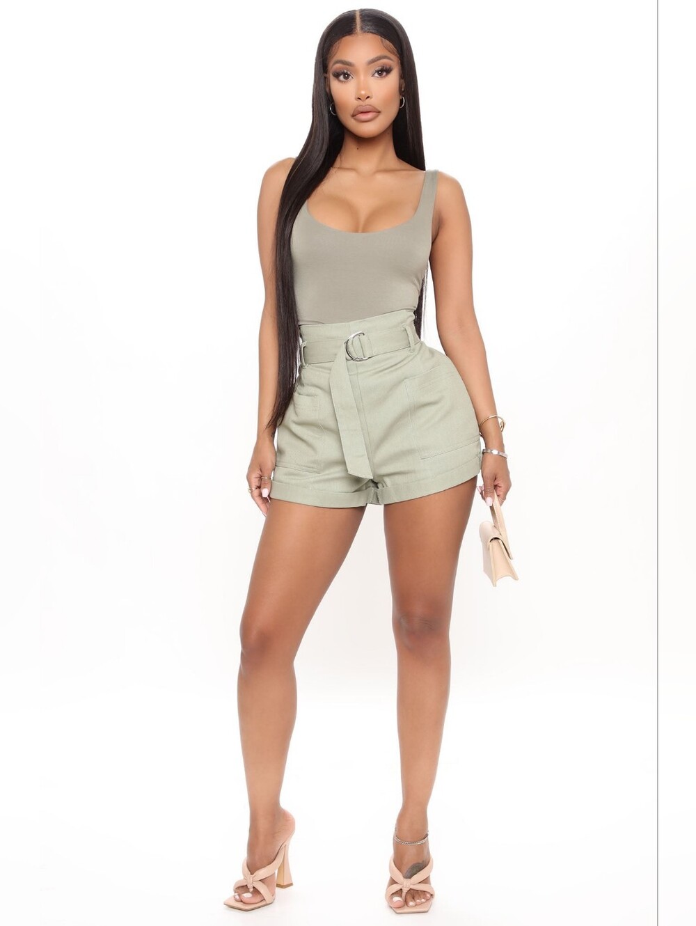 The Vintage Shop High-Waist Belted Shorts - Sage Size S